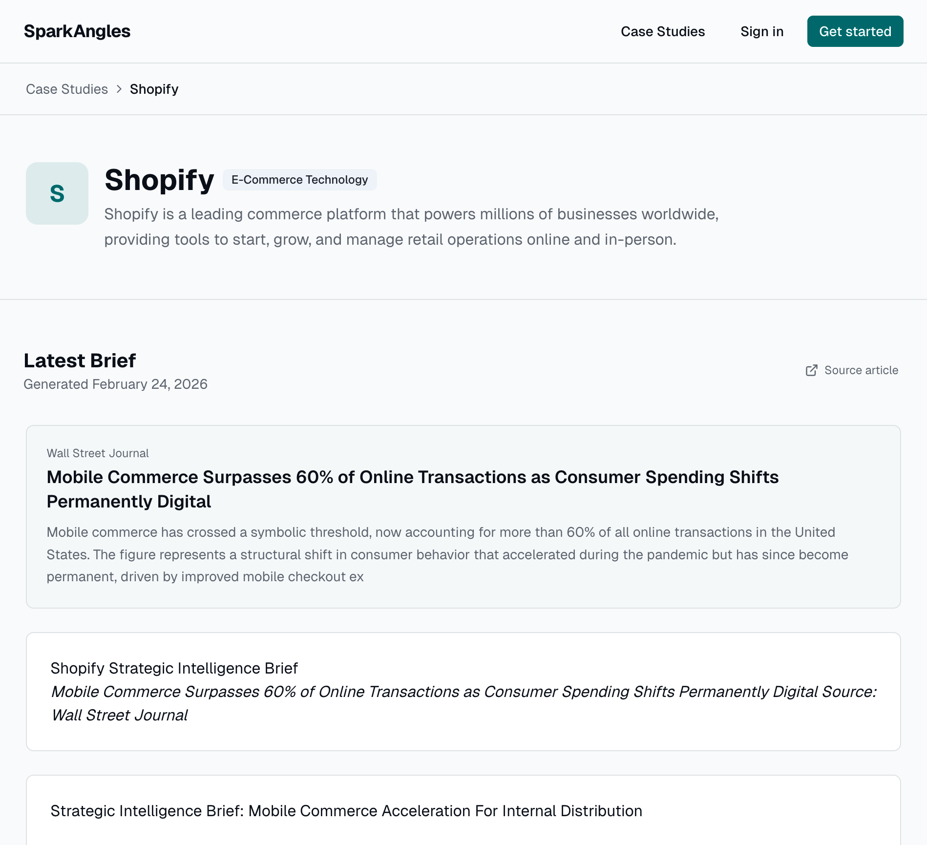 SparkAngles case study example showing Shopify insight